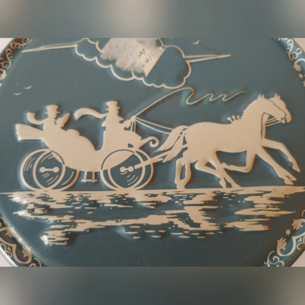 Vintage Tin Box Faux Wedgewood China Embossed Horse and Buggy Blue White